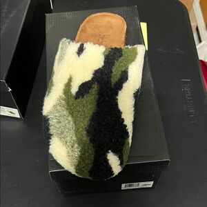 Nicole Miller Green Black Cream Faux Shearling Clog Mule